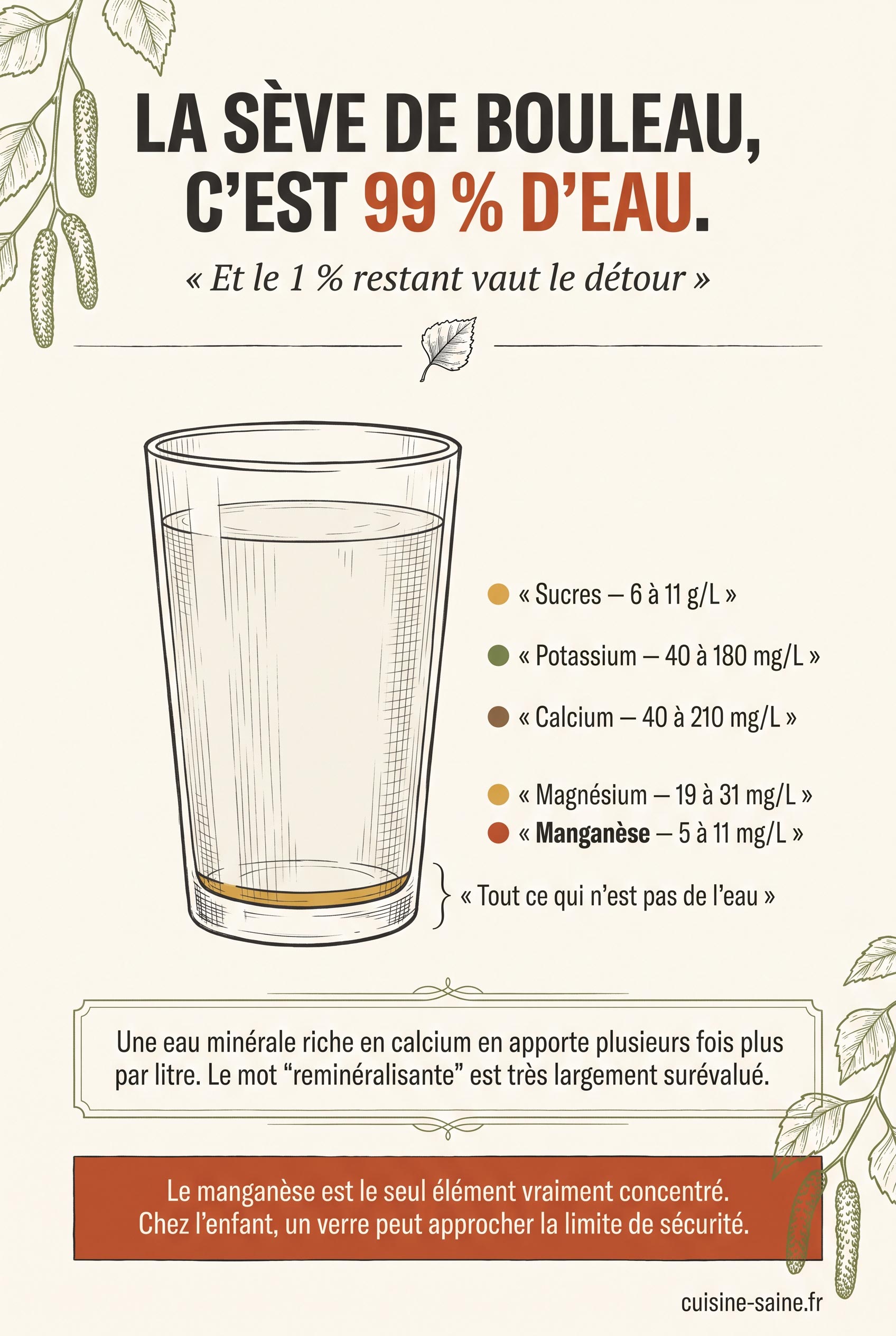 Composition de la sève de bouleau : 99 % d'eau, sucres, potassium, calcium, magnésium et manganèse en mg par litre