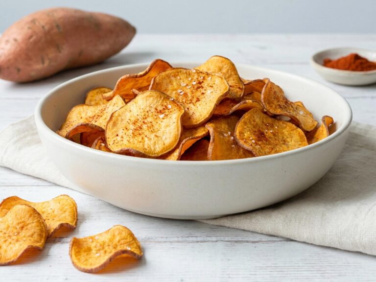 Recette de chips de patate douce au four sans gluten ni lactose, dorées et croustillantes