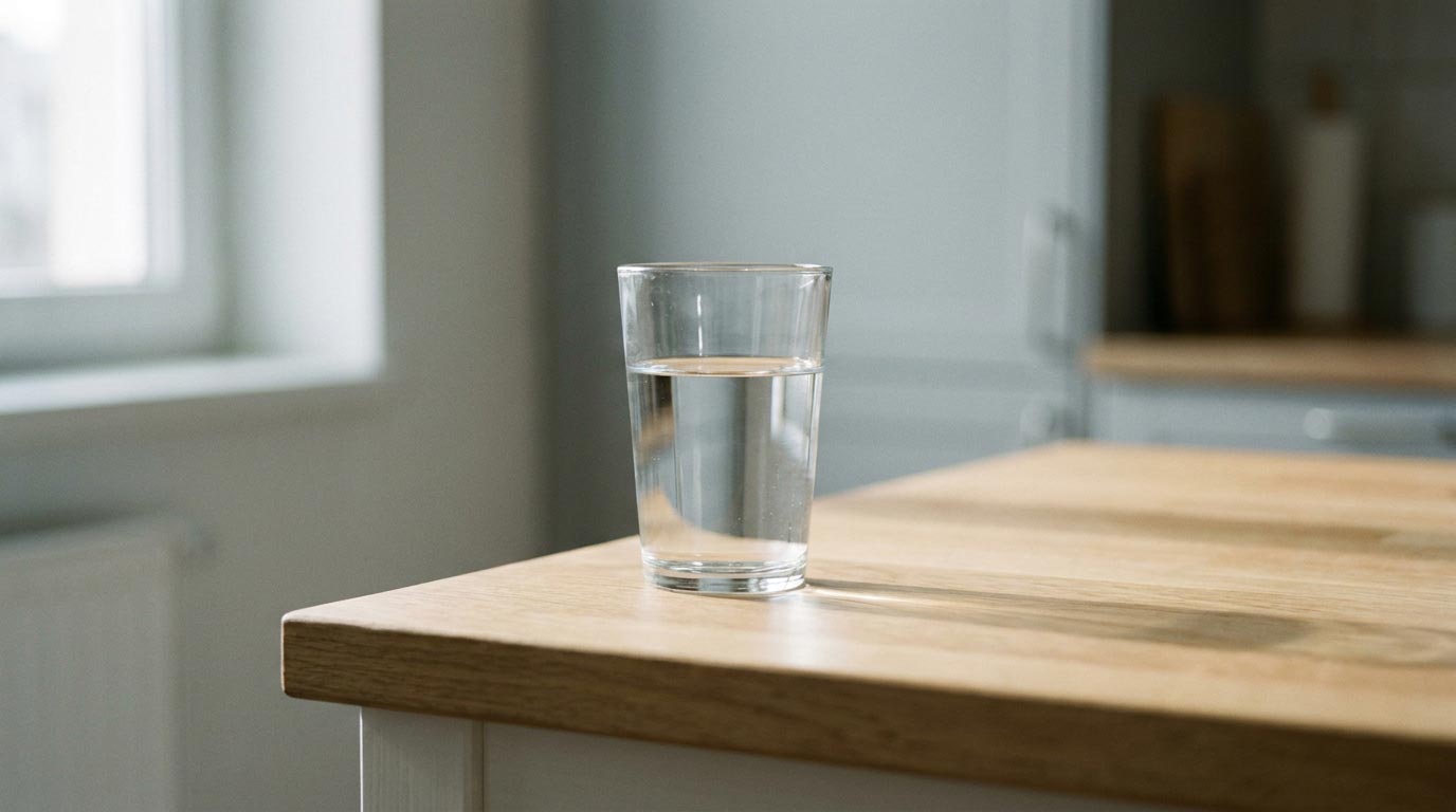 Verre d'eau du robinet posé sur un plan de travail de cuisine