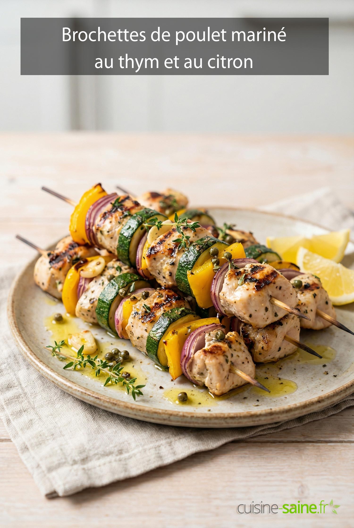 Brochettes de poulet mariné au thym et au citron