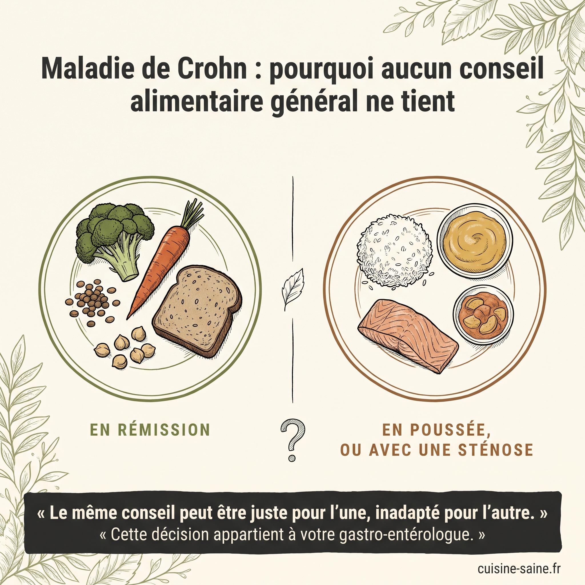 Les besoins alimentaires dans la maladie de Crohn diffèrent selon la phase : rémission ou poussée avec sténose