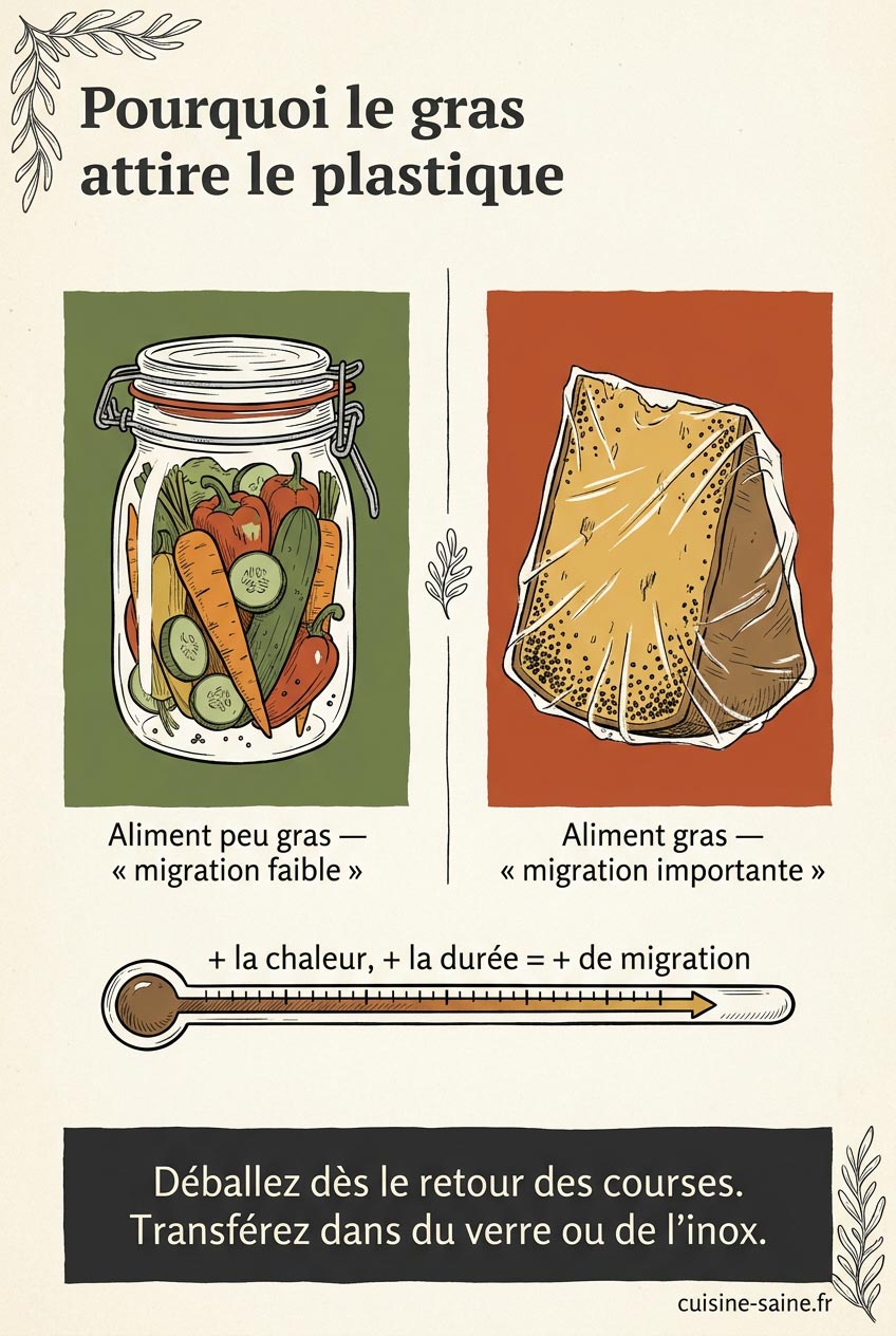 Comparaison de la migration du plastique selon la teneur en matières grasses : migration faible dans un bocal de légumes, migration importante dans un fromage sous film plastique