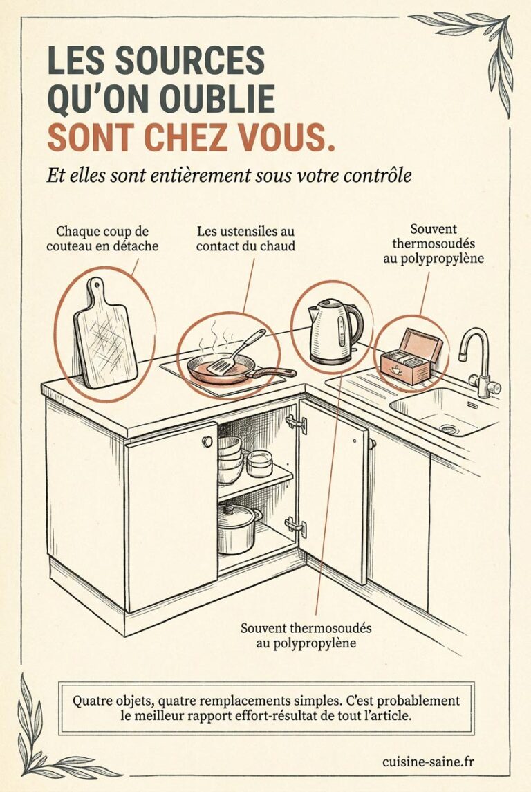 Quatre sources de microplastiques dans une cuisine : planche à découper striée, ustensiles en plastique au contact de la chaleur, bouilloire à circuit plastique et sachets de thé thermosoudés