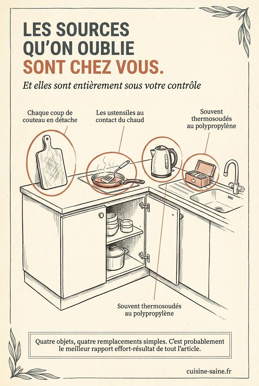 Quatre sources de microplastiques dans une cuisine : planche à découper striée, ustensiles en plastique au contact de la chaleur, bouilloire à circuit plastique et sachets de thé thermosoudés