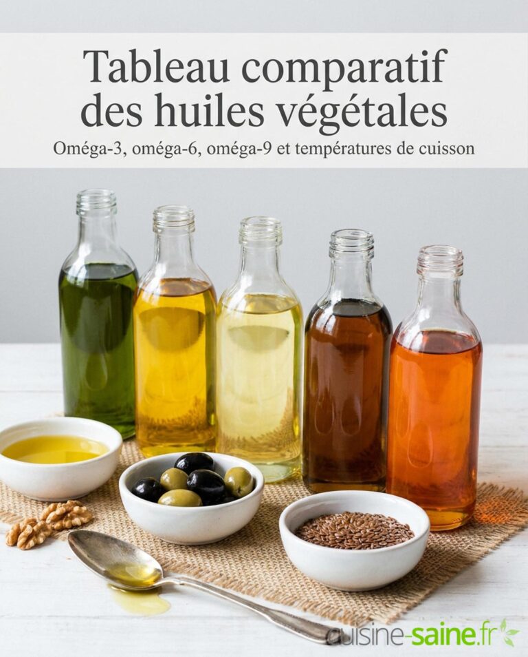 Tableau comparatif des huiles végétales : oméga-3, oméga-6, oméga-9 et cuisson