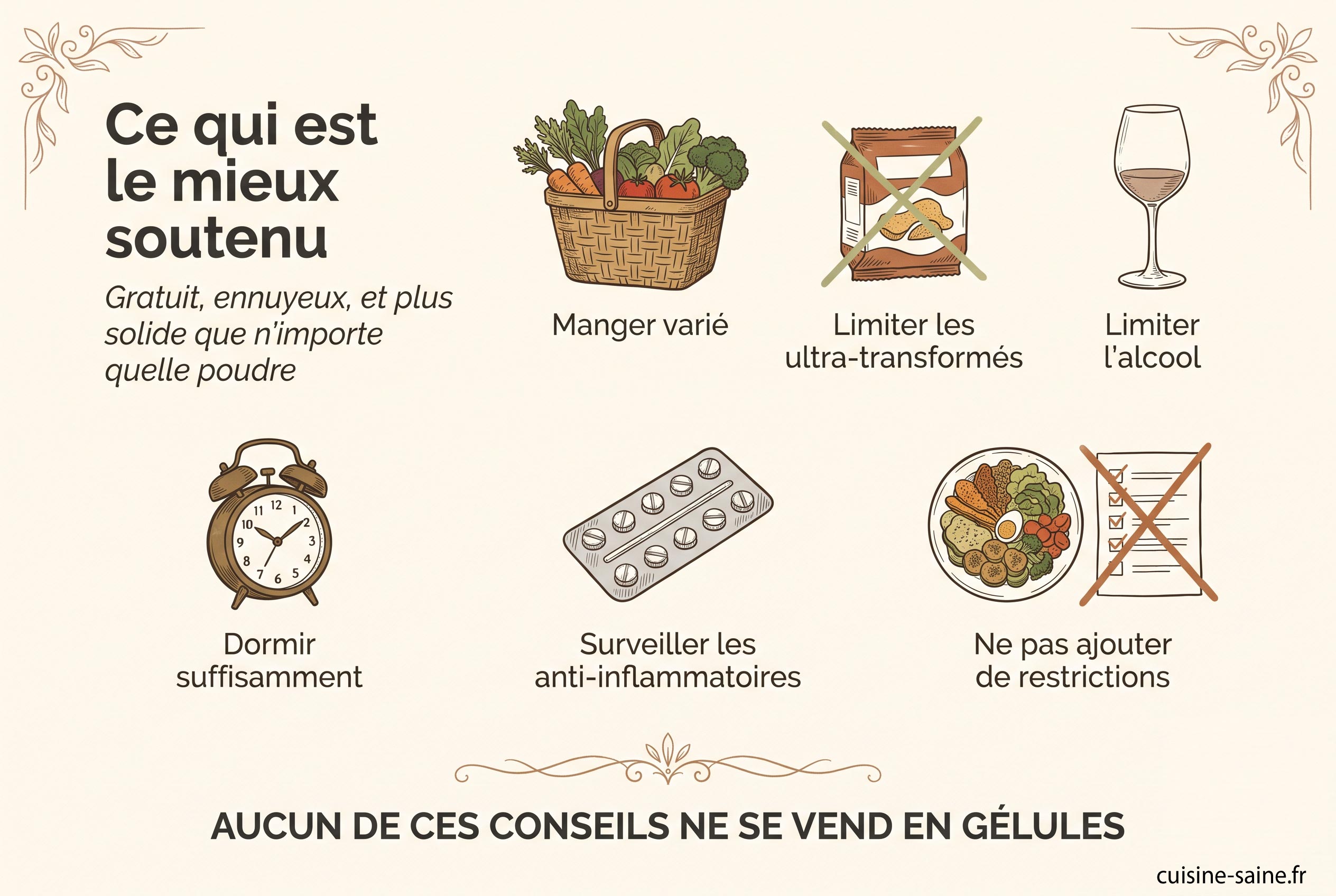 Six habitudes soutenues par les données pour la santé intestinale : manger varié, limiter ultra-transformés et alcool, dormir, surveiller les anti-inflammatoires, ne pas ajouter de restrictions