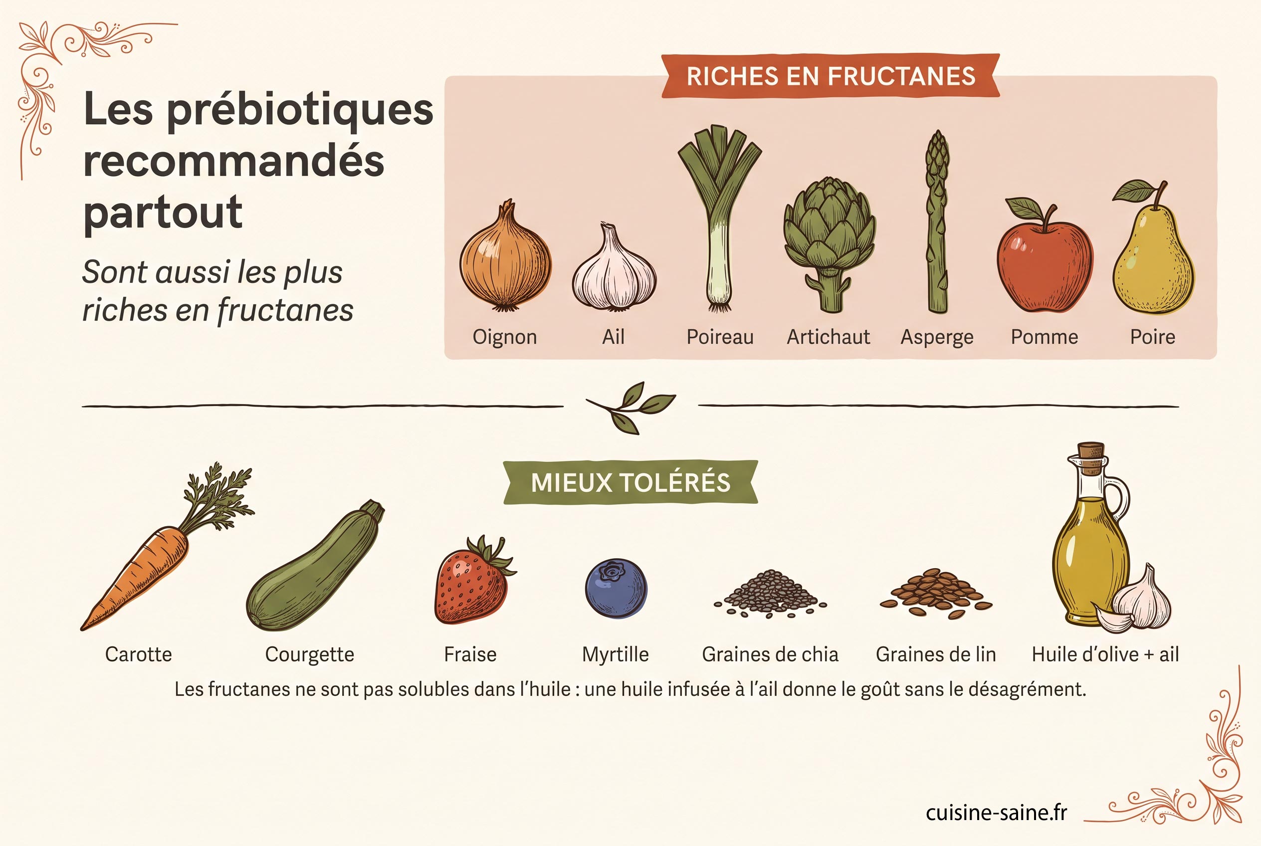 Prébiotiques riches en fructanes (oignon, ail, poireau, artichaut, asperge, pomme, poire) et alternatives mieux tolérées