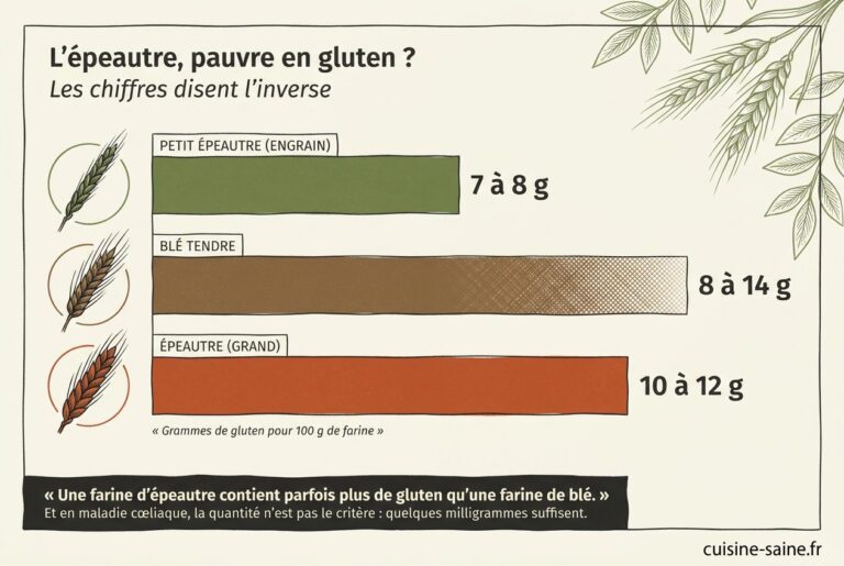 Comparaison des teneurs en gluten pour 100 g de farine : petit épeautre 7 à 8 g, blé tendre 8 à 14 g, épeautre 10 à 12 g