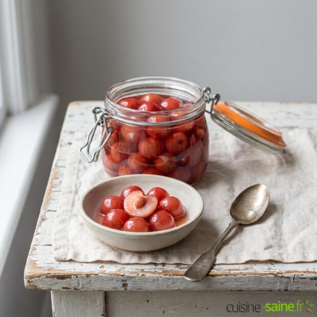 bocal de cerises ouvert posé sur une table