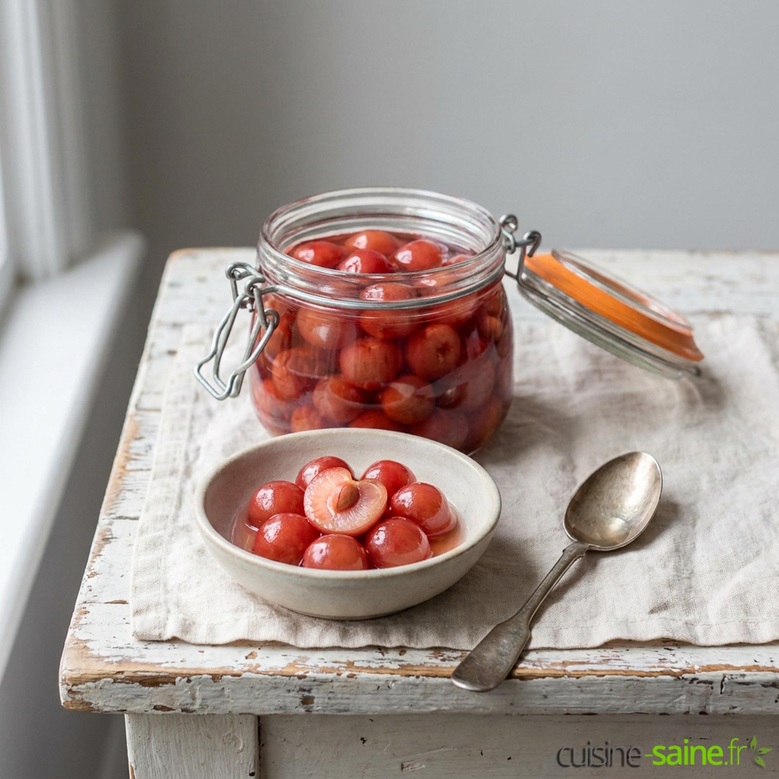bocal de cerises ouvert posé sur une table