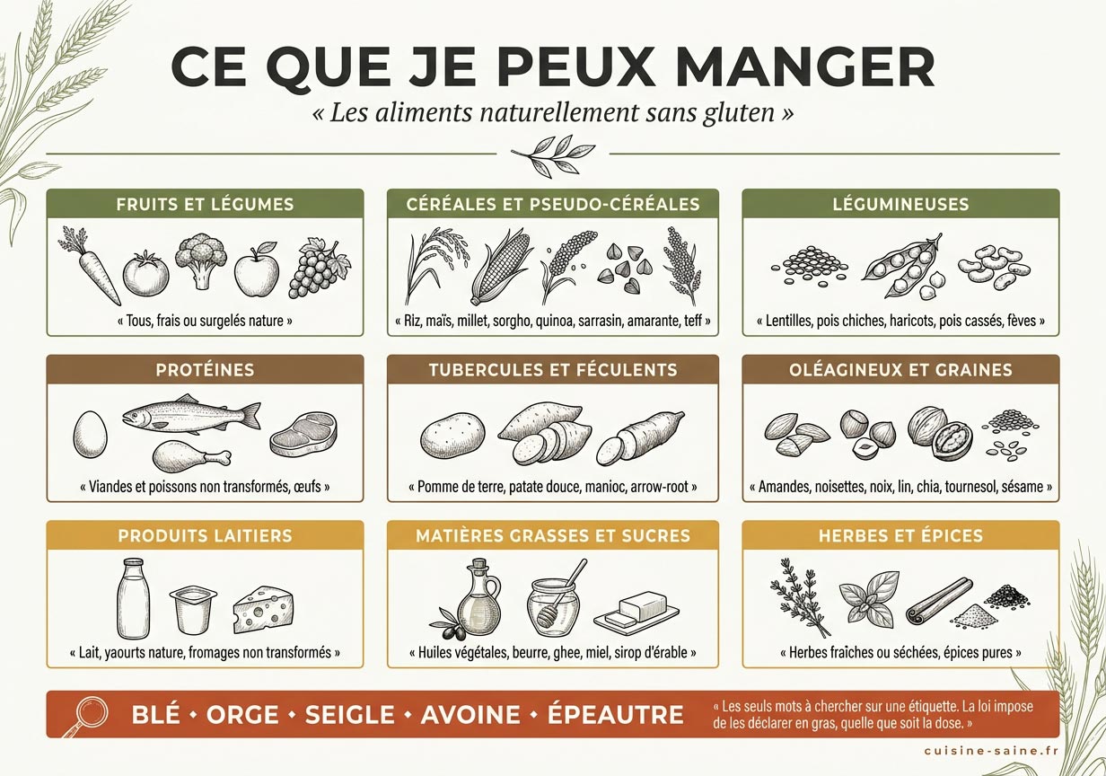 Liste complète des aliments sans gluten par catégorie : céréales, légumineuses, fruits, légumes, protéines