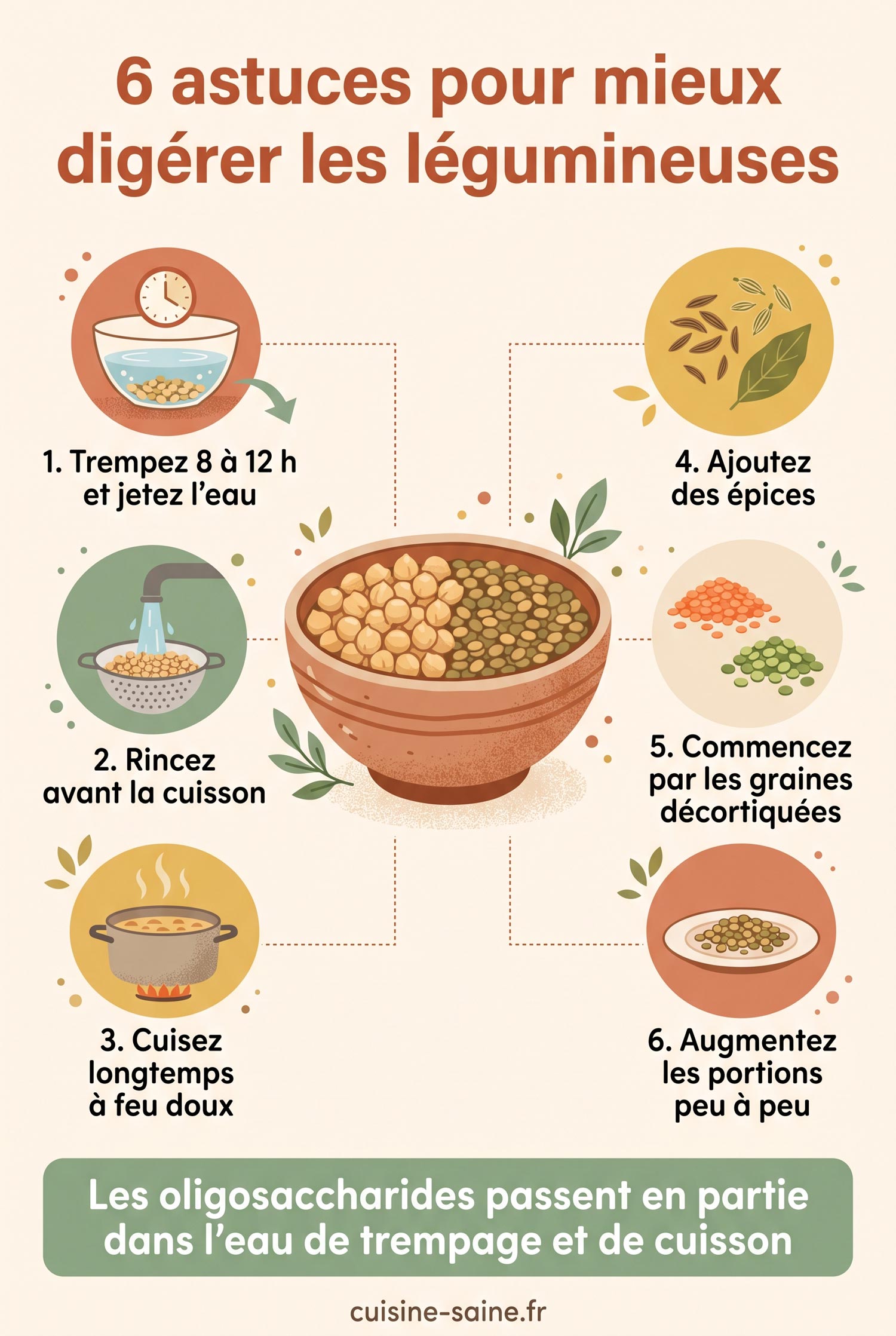 Schéma illustré des 6 astuces pour mieux digérer les légumineuses : trempage, rinçage, cuisson douce, épices, graines décortiquées, petites portions