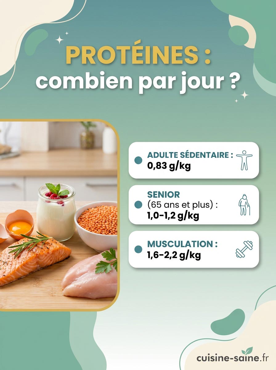 Besoins quotidiens en protéines : 0,83 g/kg chez l'adulte sédentaire, 1,0 à 1,2 g/kg après 65 ans, 1,6 à 2,2 g/kg en musculation