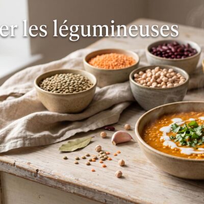 Bols de lentilles, pois chiches et haricots secs sur une table en bois avec le titre Cuisiner les légumineuses