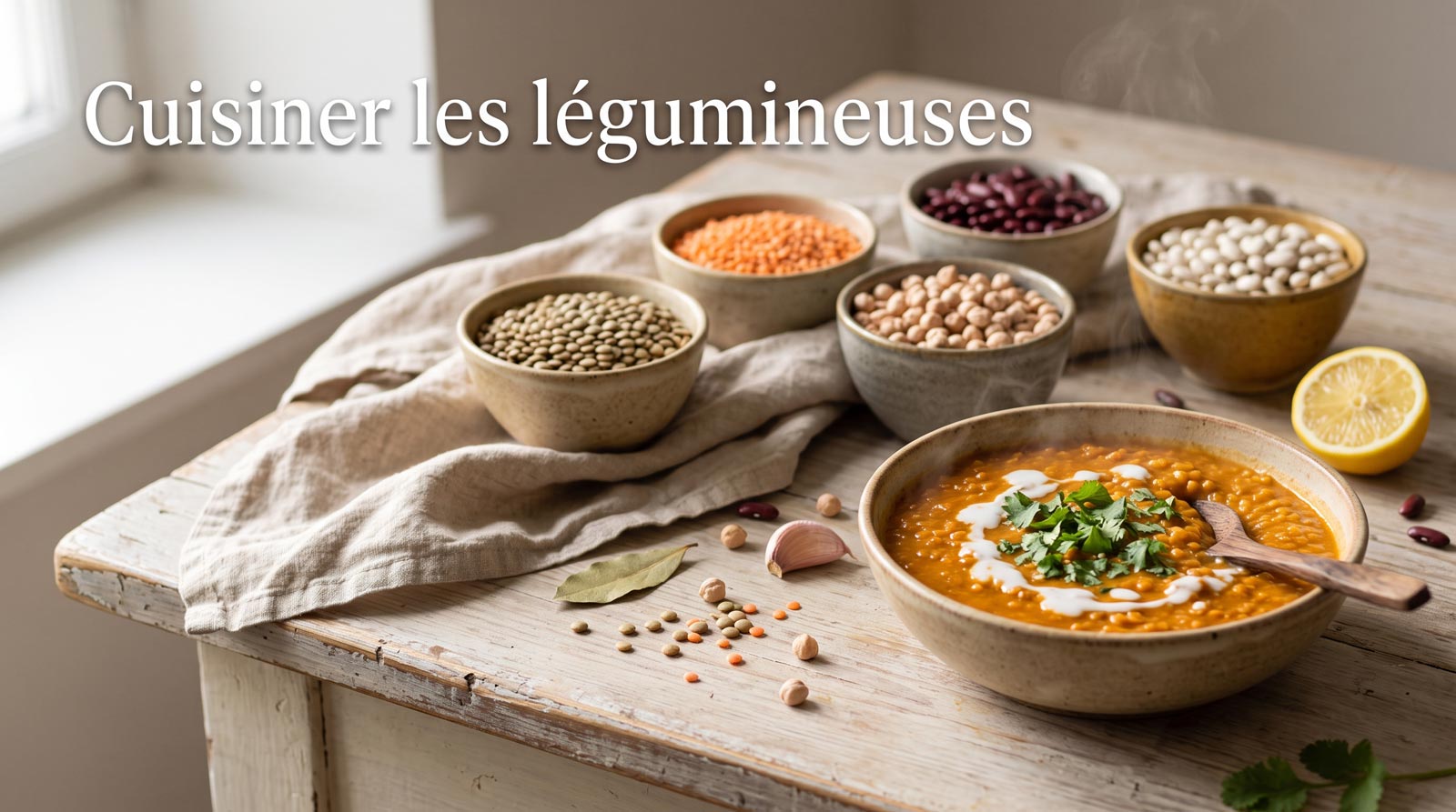 Bols de lentilles, pois chiches et haricots secs sur une table en bois avec le titre Cuisiner les légumineuses