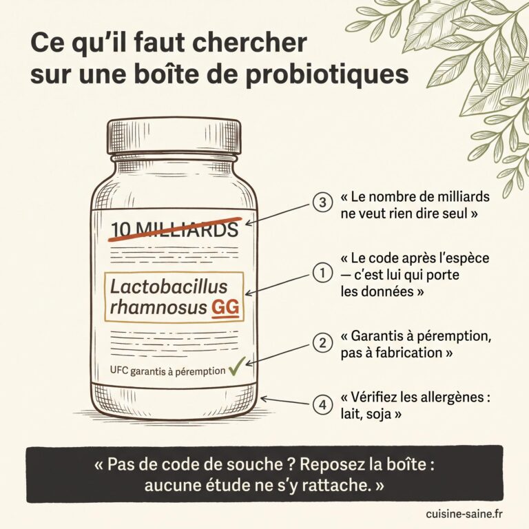 Ce qu'il faut vérifier sur une boîte de probiotiques : code de souche, UFC garantis à péremption, allergènes