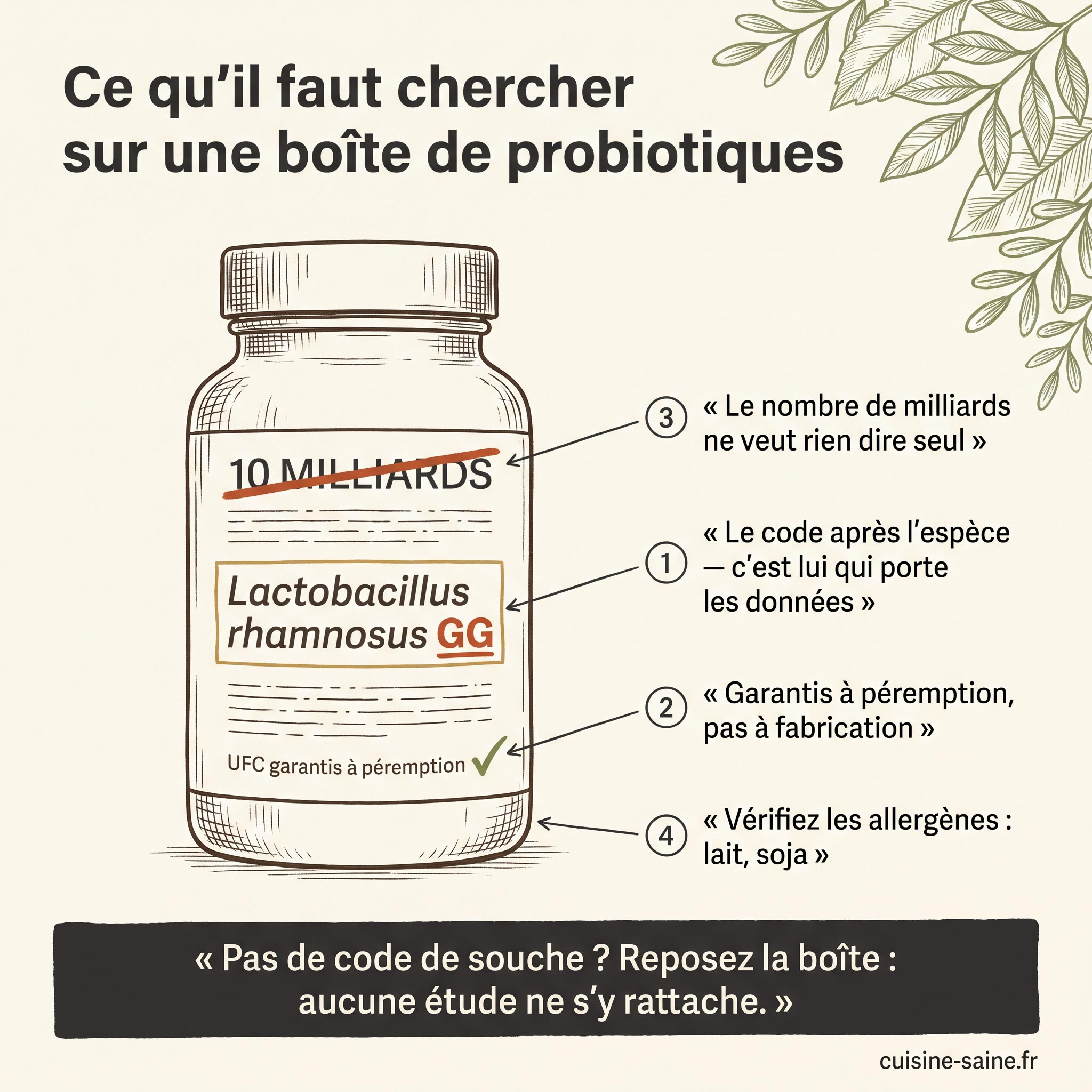 Ce qu'il faut vérifier sur une boîte de probiotiques : code de souche, UFC garantis à péremption, allergènes