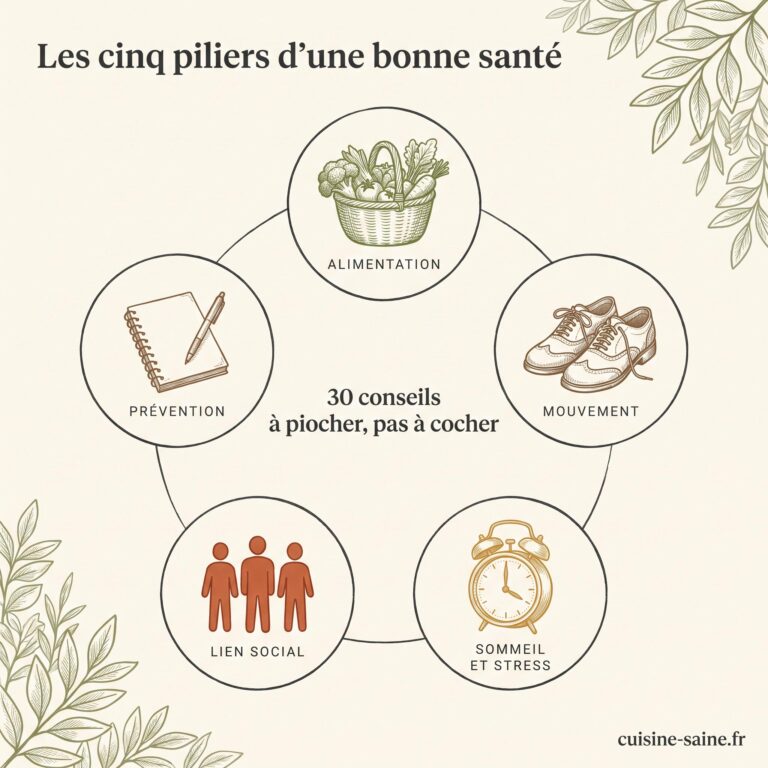 Les cinq piliers d'une bonne santé : alimentation, mouvement, sommeil et stress, lien social, prévention