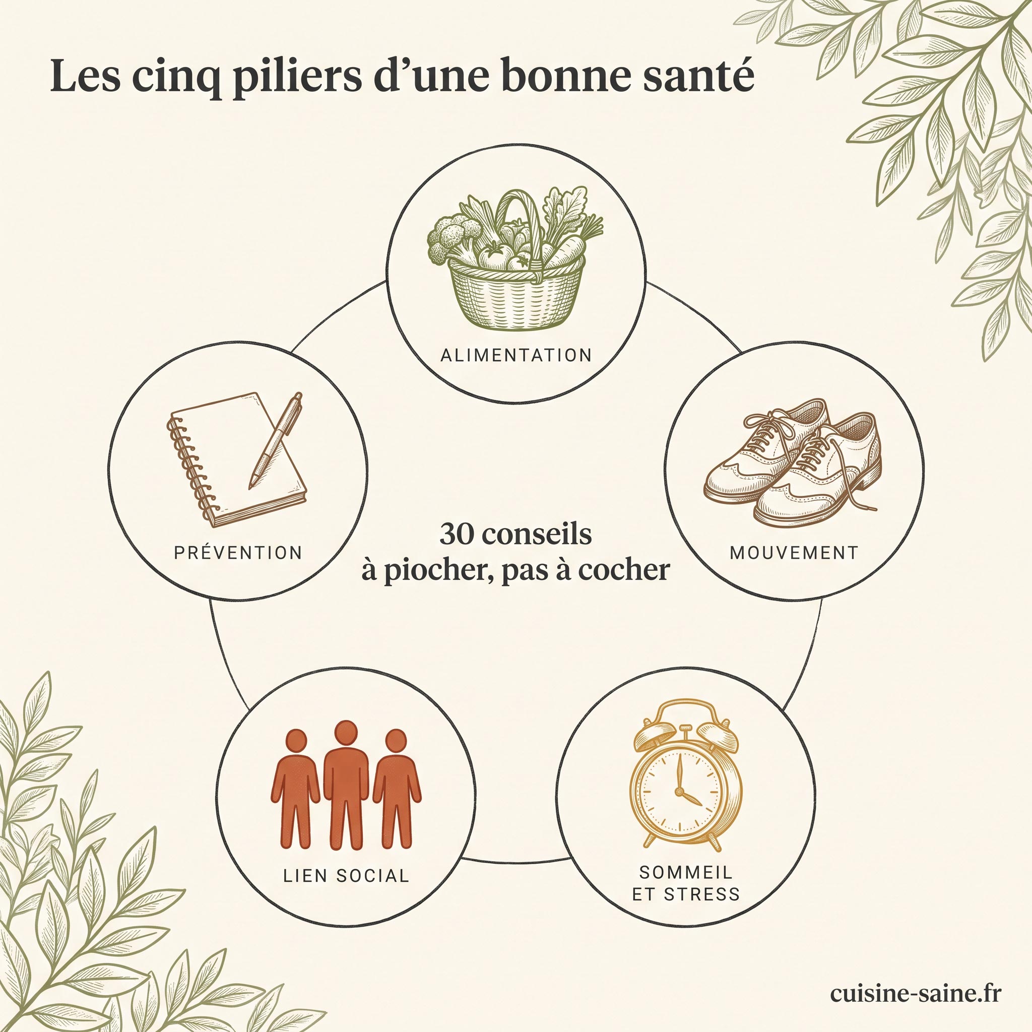 Les cinq piliers d'une bonne santé : alimentation, mouvement, sommeil et stress, lien social, prévention