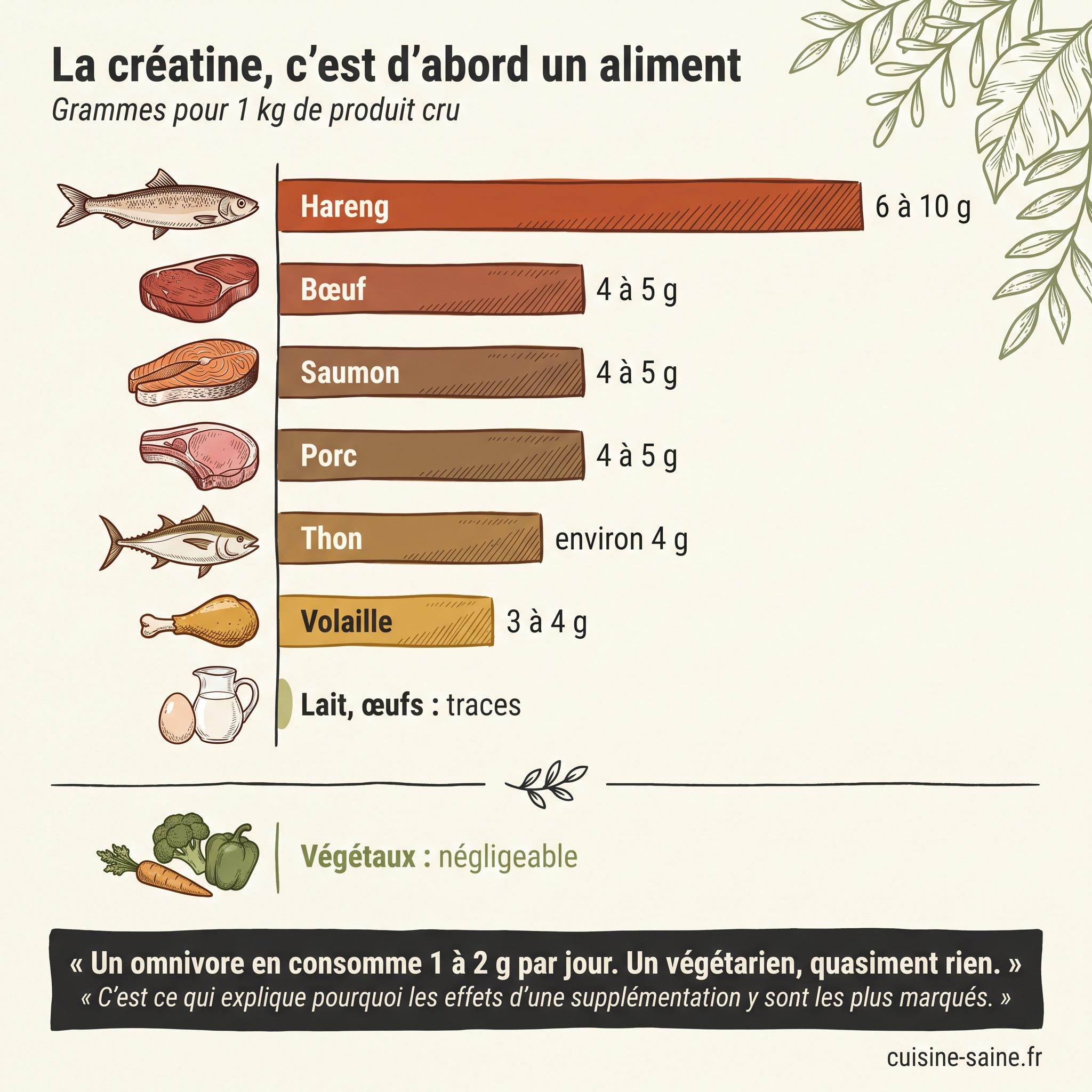 Teneurs en créatine des aliments pour 1 kg cru : hareng 6 à 10 g, bœuf, saumon et porc 4 à 5 g, volaille 3 à 4 g, végétaux négligeable