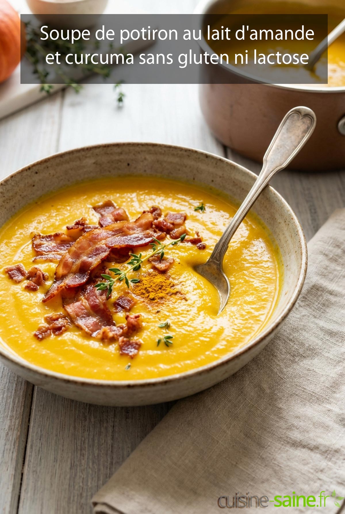 Soupe de potiron au lait d'amande et curcuma sans gluten ni lactose