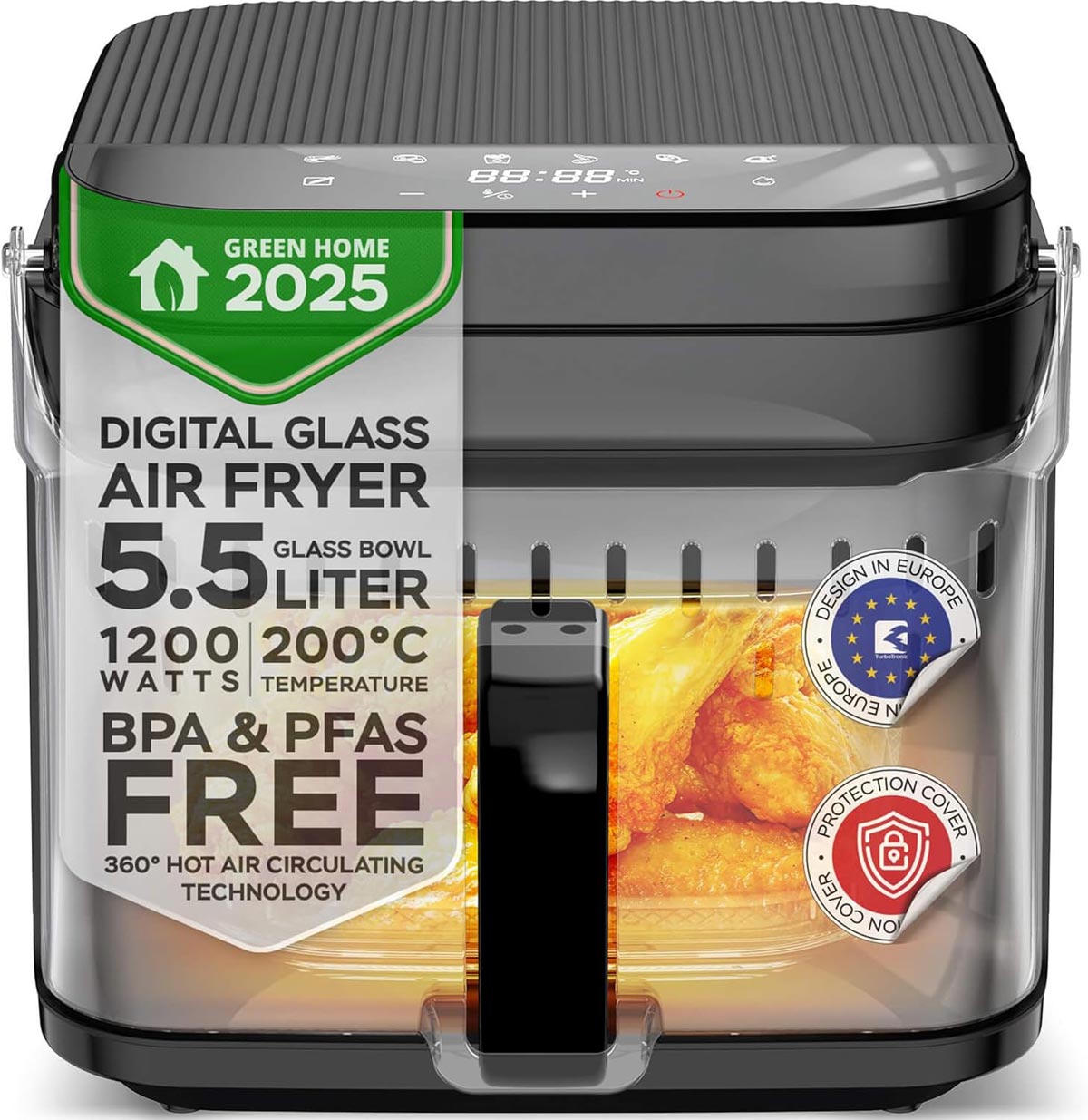 Airfryer familial avec cuve en verre transparente sans revêtement PFAS