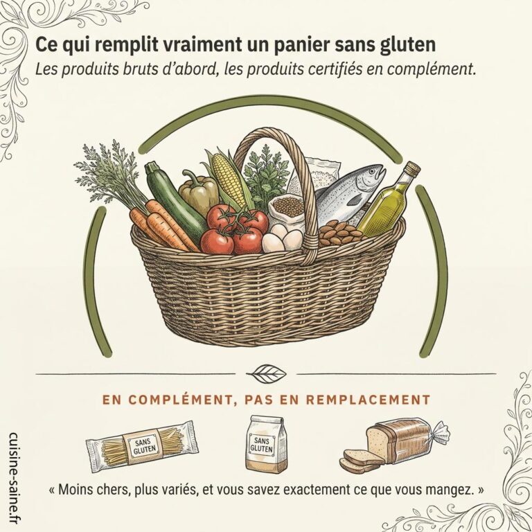 Un panier sans gluten rempli de produits bruts, les produits transformés certifiés venant seulement en complément