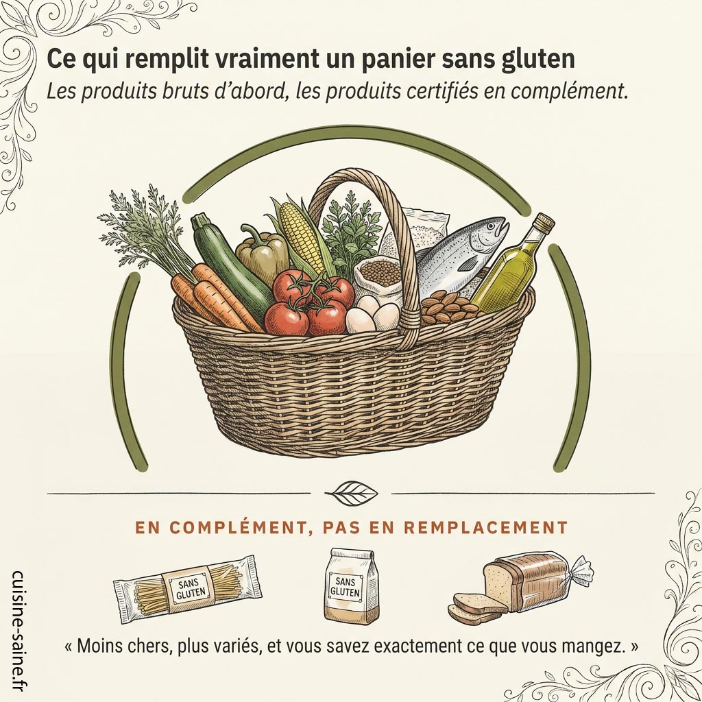 Un panier sans gluten rempli de produits bruts, les produits transformés certifiés venant seulement en complément