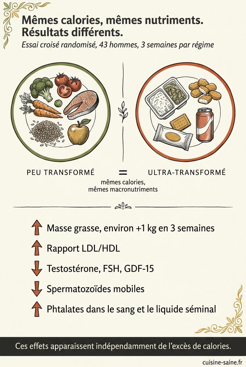 Protocole et résultats de l'étude Cell Metabolism 2025 : deux régimes à calories identiques, un ultra-transformé et un peu transformé, avec hausse de la masse grasse, du rapport LDL/HDL et des phtalates