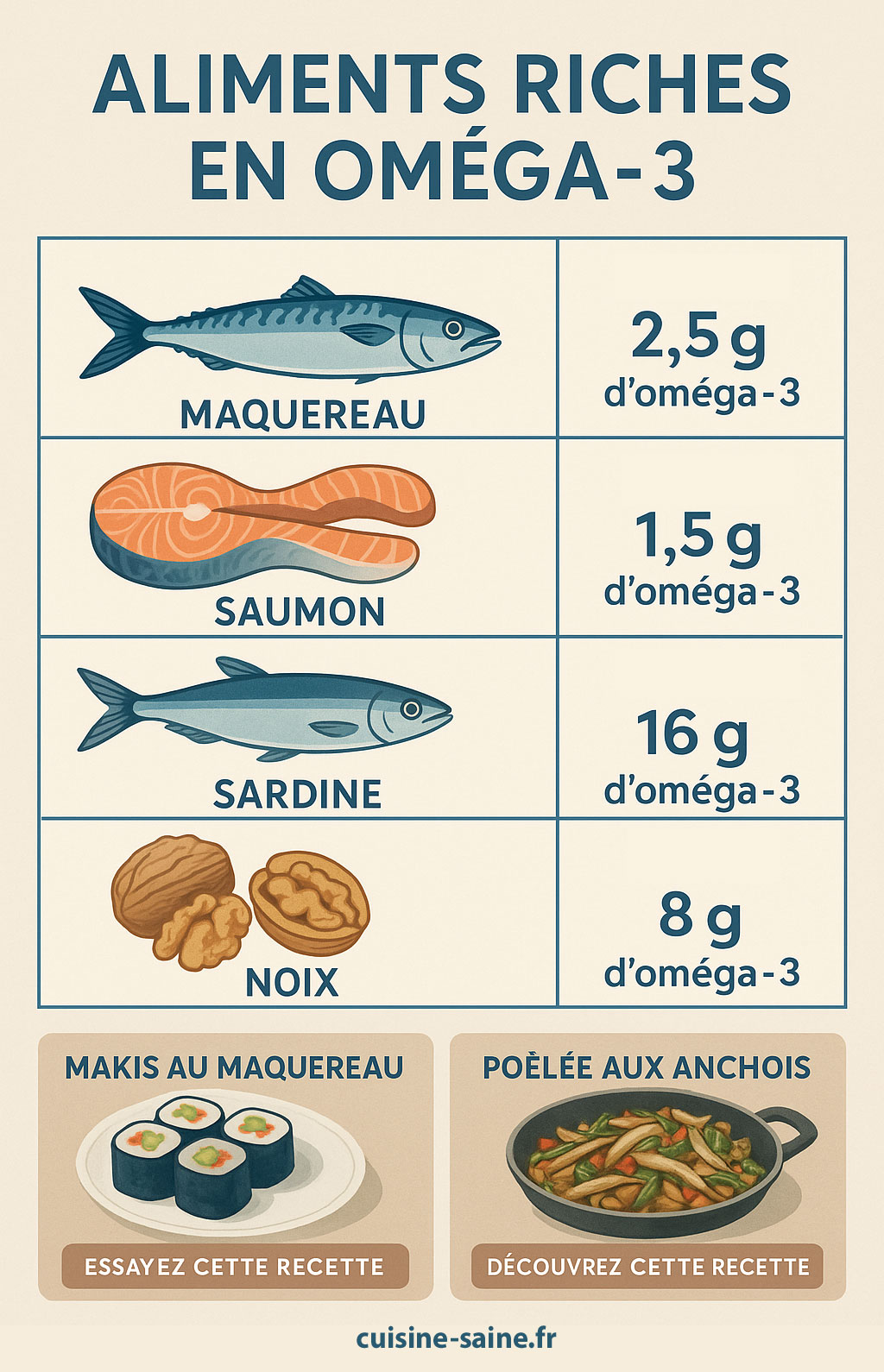 Aliments riches en oméga-3 : poissons gras, graines de lin et de chia, noix, huiles végétales