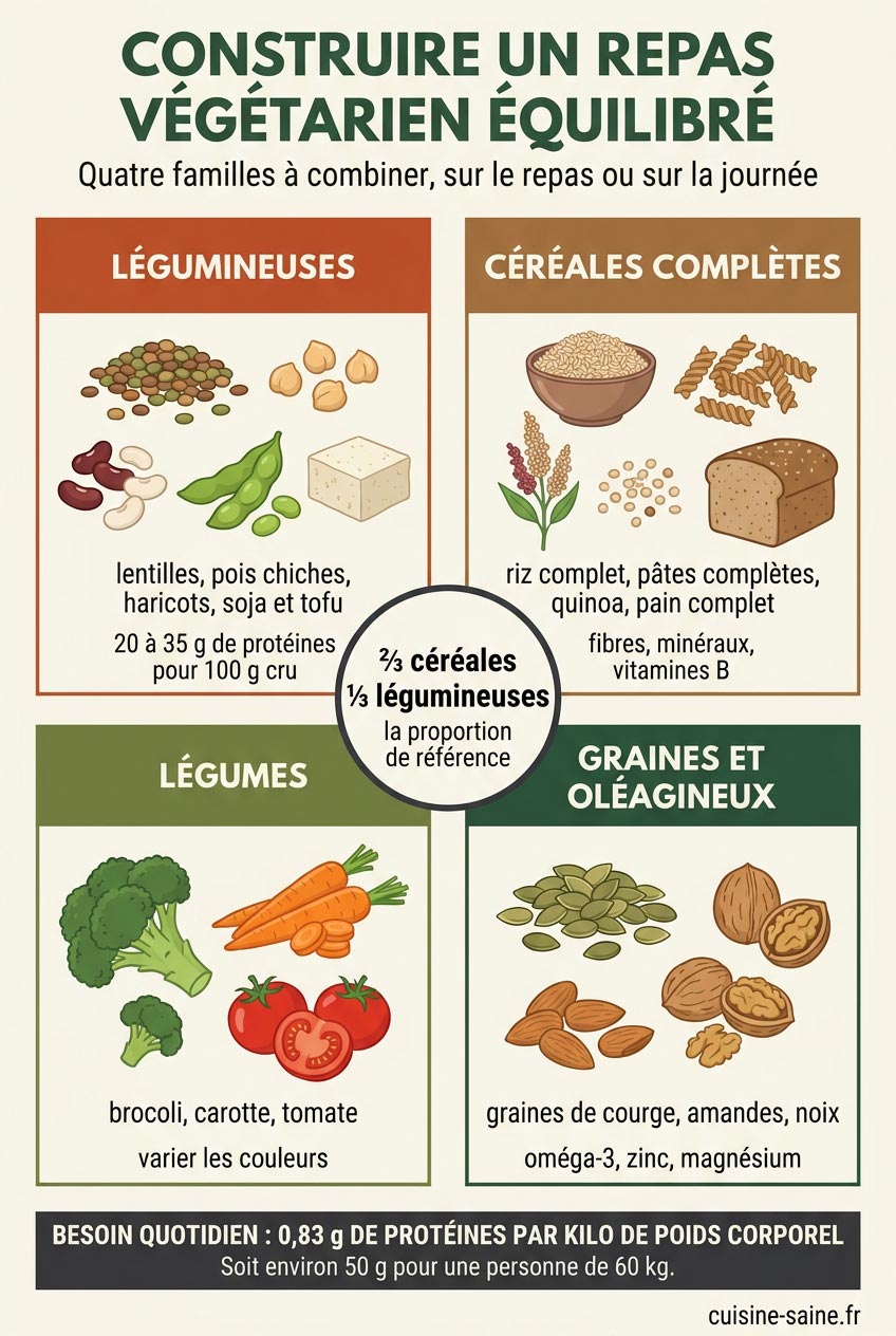 Les quatre familles d'un repas végétarien équilibré : légumineuses, céréales complètes, légumes et oléagineux, avec la proportion de deux tiers de céréales pour un tiers de légumineuses