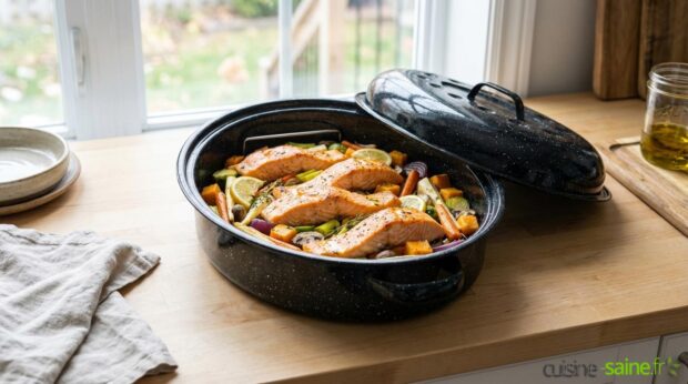 Saumon au four avec petits légumes sans gluten ni lactose