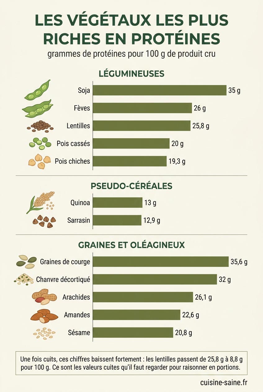 Teneurs en protéines des végétaux pour 100 g cru : soja 35 g, graines de courge 35,6 g, fèves 26 g, lentilles 25,8 g, quinoa 13 g, sarrasin 12,9 g