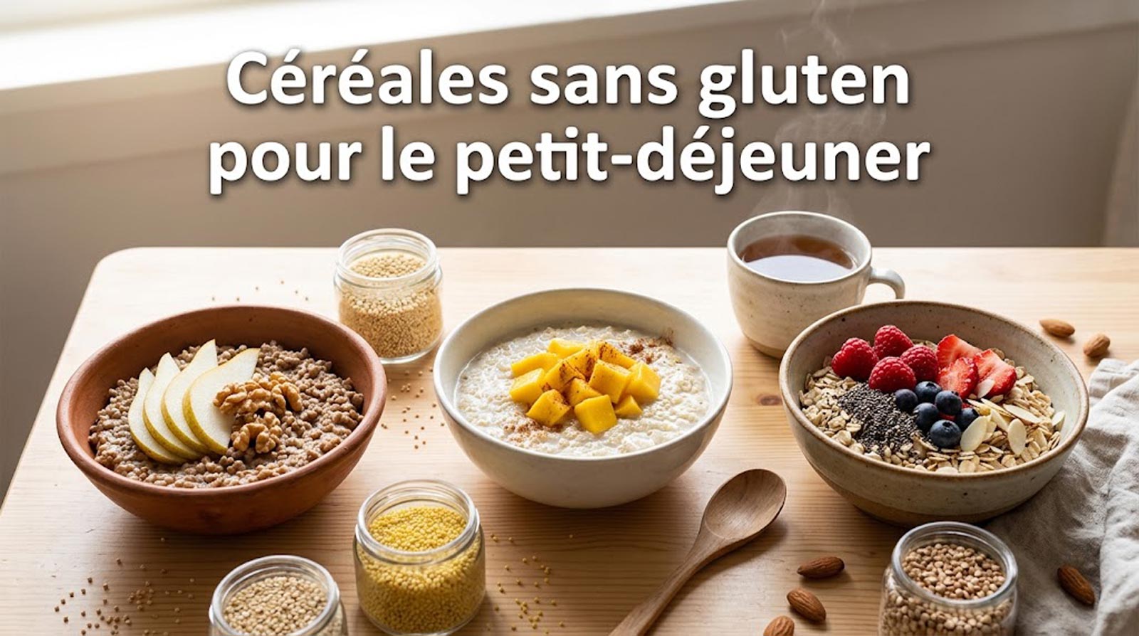 Bols de porridge de sarrasin, de quinoa aux fruits et de flocons d'avoine sans gluten avec graines de chia et amandes sur une table de petit-déjeuner