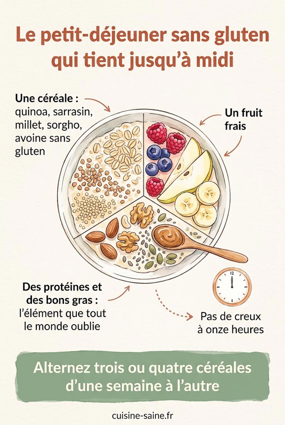 Schéma illustré d'un bol de petit-déjeuner sans gluten en trois parts : une céréale, une source de protéines et de bons gras, un fruit frais