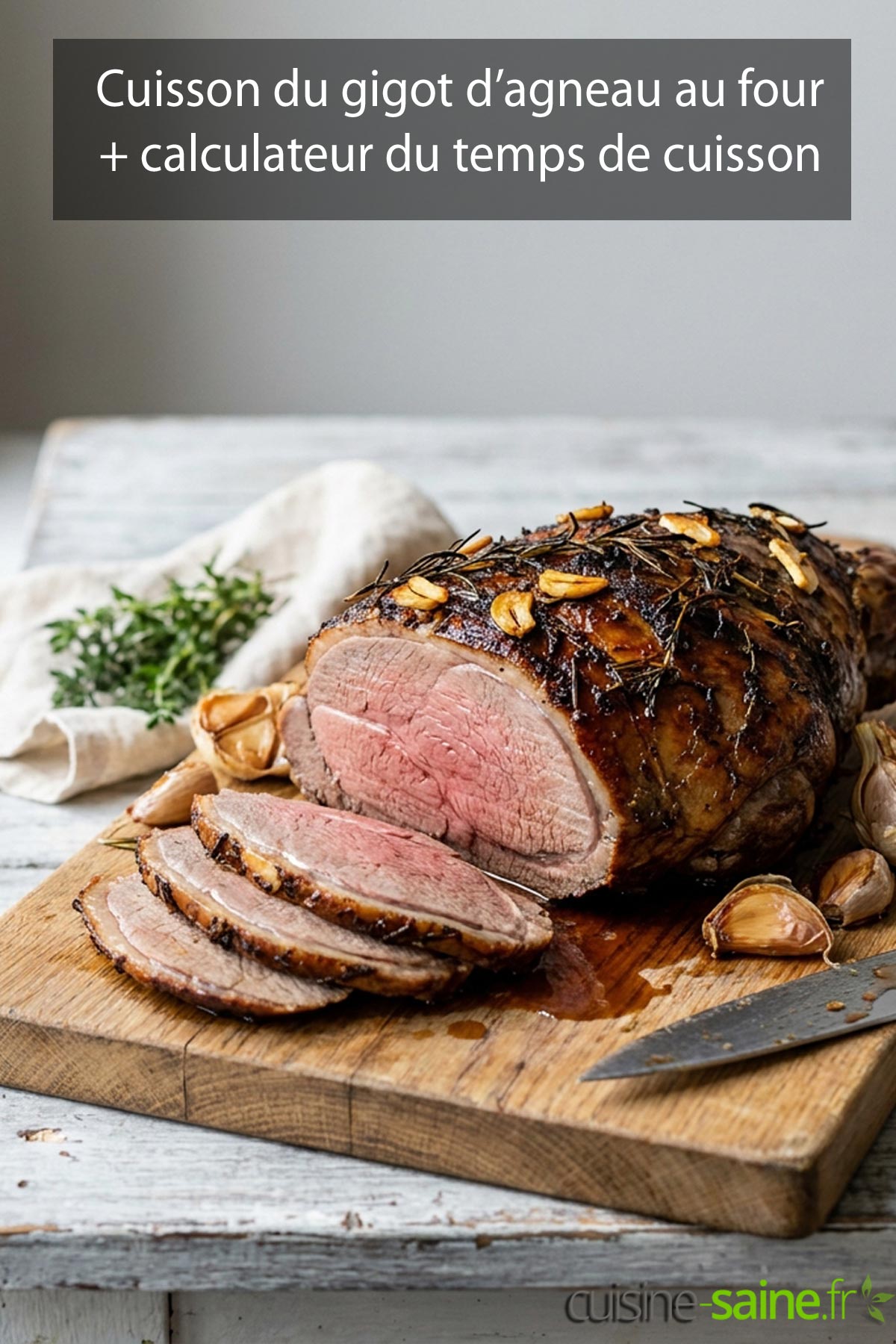 Gigot d'agneau au four à l'ail et au romarin, tranché après repos