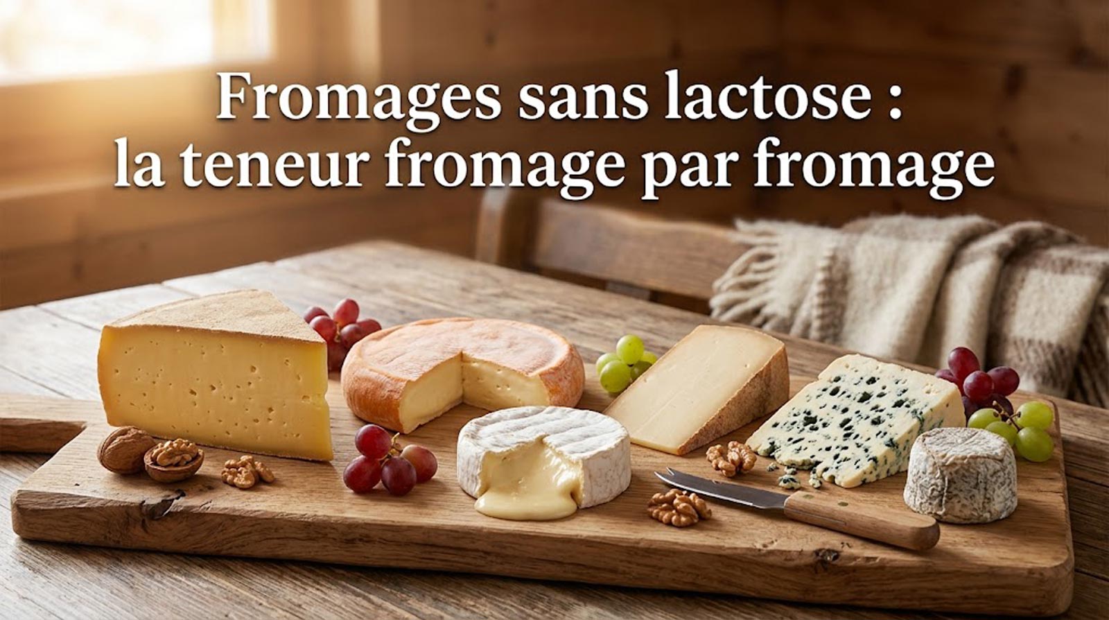 Plateau de fromages affinés, comté, reblochon, camembert, raclette et roquefort, avec le titre Fromages sans lactose, la teneur fromage par fromage