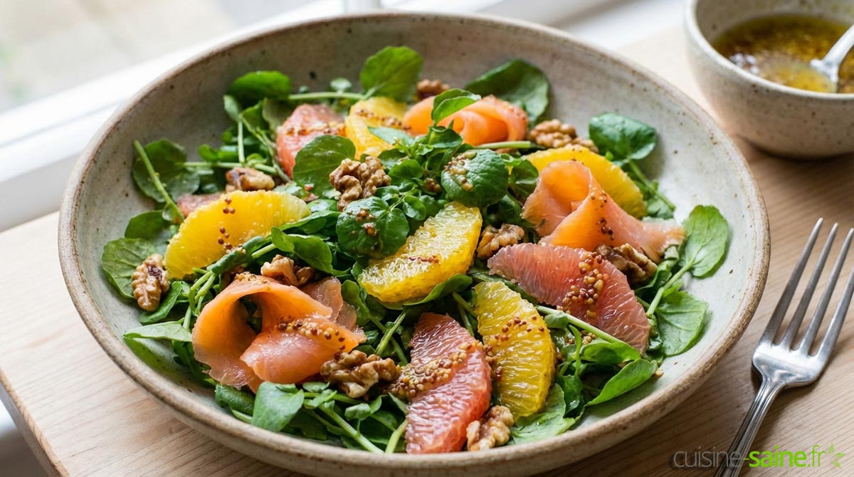 Salade de cresson au saumon fumé et suprêmes d'agrumes