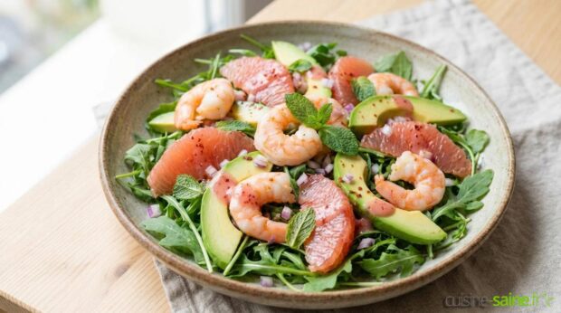 Salade pimpante de crevettes, pamplemousse rose et avocat