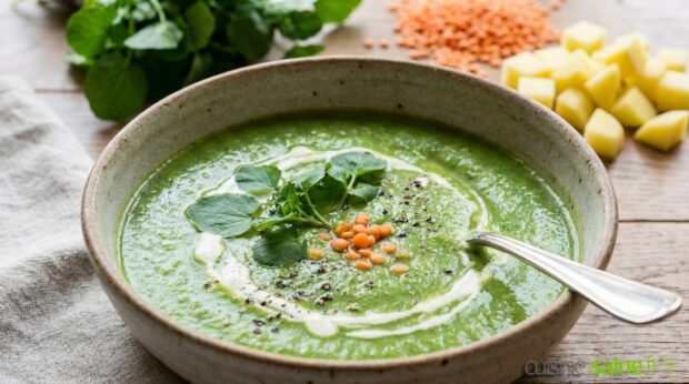 Potage velouté au cresson et lentilles corail