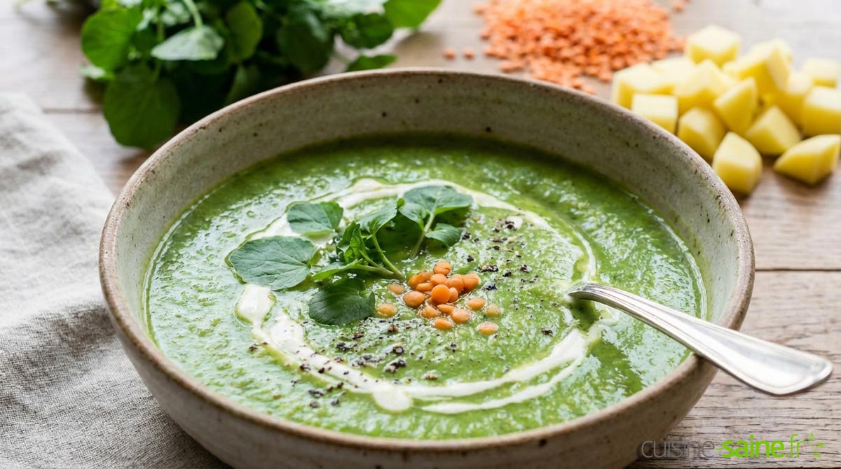 Potage velouté au cresson et lentilles corail