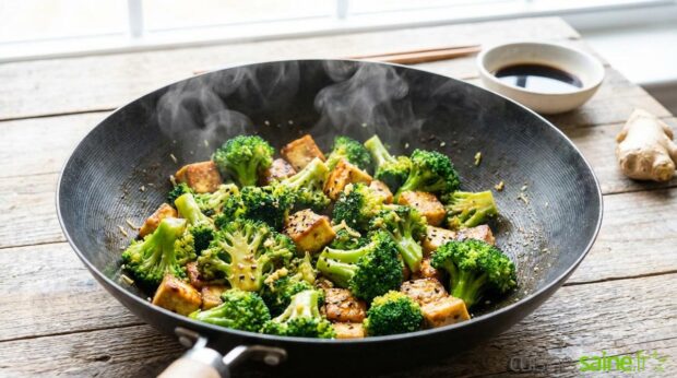 Wok de brocolis au sésame et feta végétale