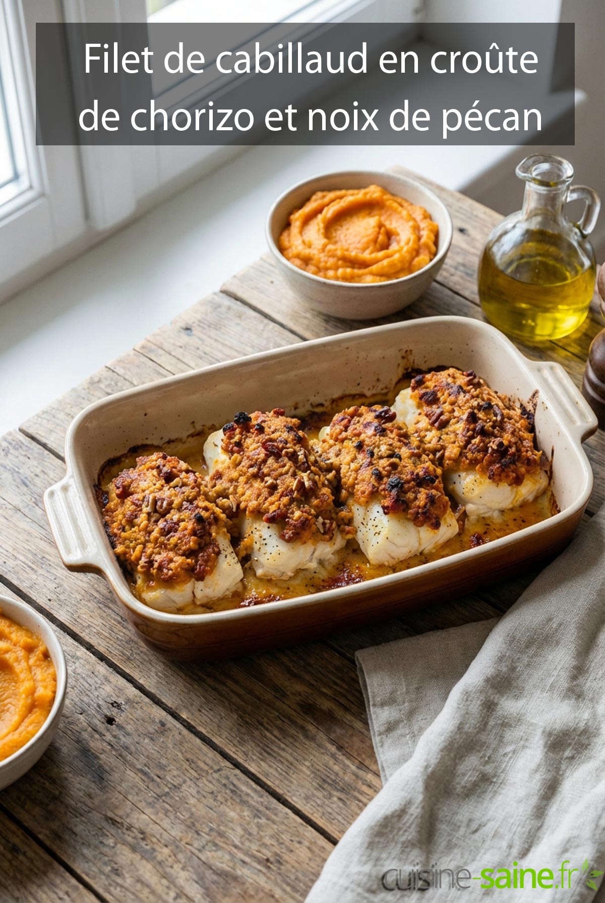 Filet de cabillaud en croûte de chorizo et noix de pécan