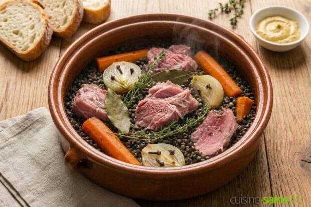 palette de porc demi-sel aux lentilles Beluga