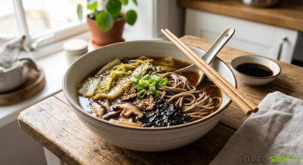 Soupe détox asiatique au chou chinois, soba et algues dulse