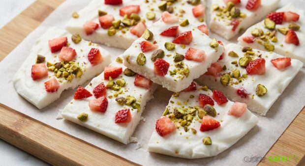 Yogurt bark au yaourt de coco, fraises et pistaches