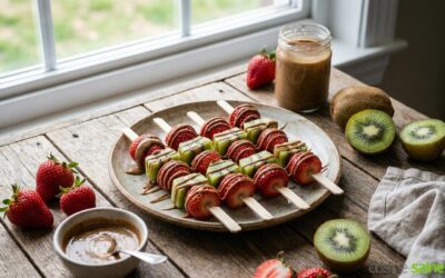 Recette de brochettes fraise-kiwi et purée de noisette