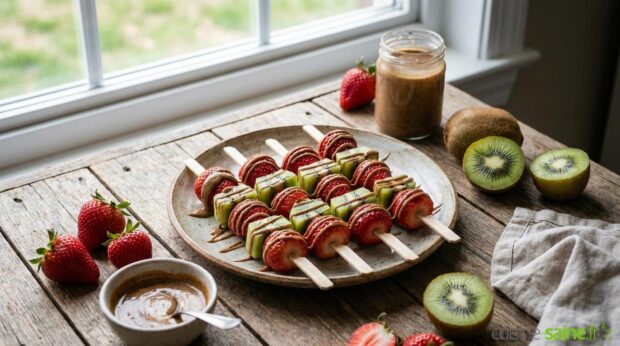 Recette de brochettes fraise-kiwi et purée de noisette