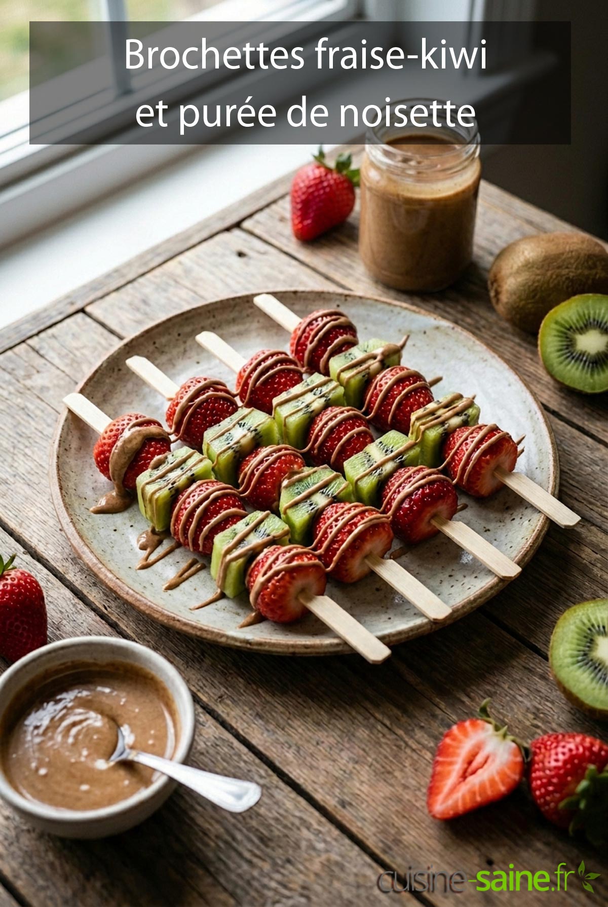 Recette de brochettes fraise-kiwi et purée de noisette
