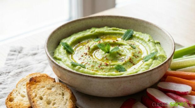 Mousseline de fèves et avocat au citron vert et menthe fraîche